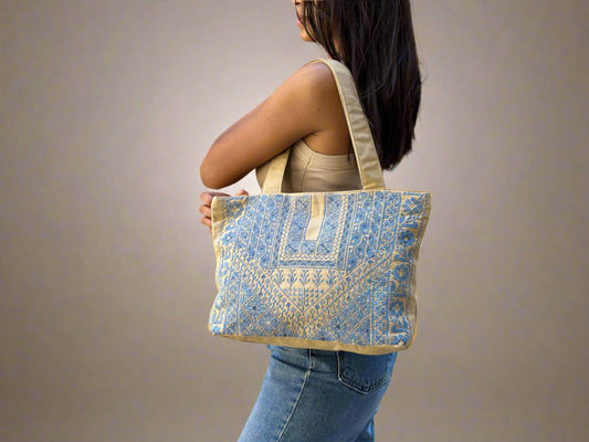 Hand Embroidered Handbag - Blue