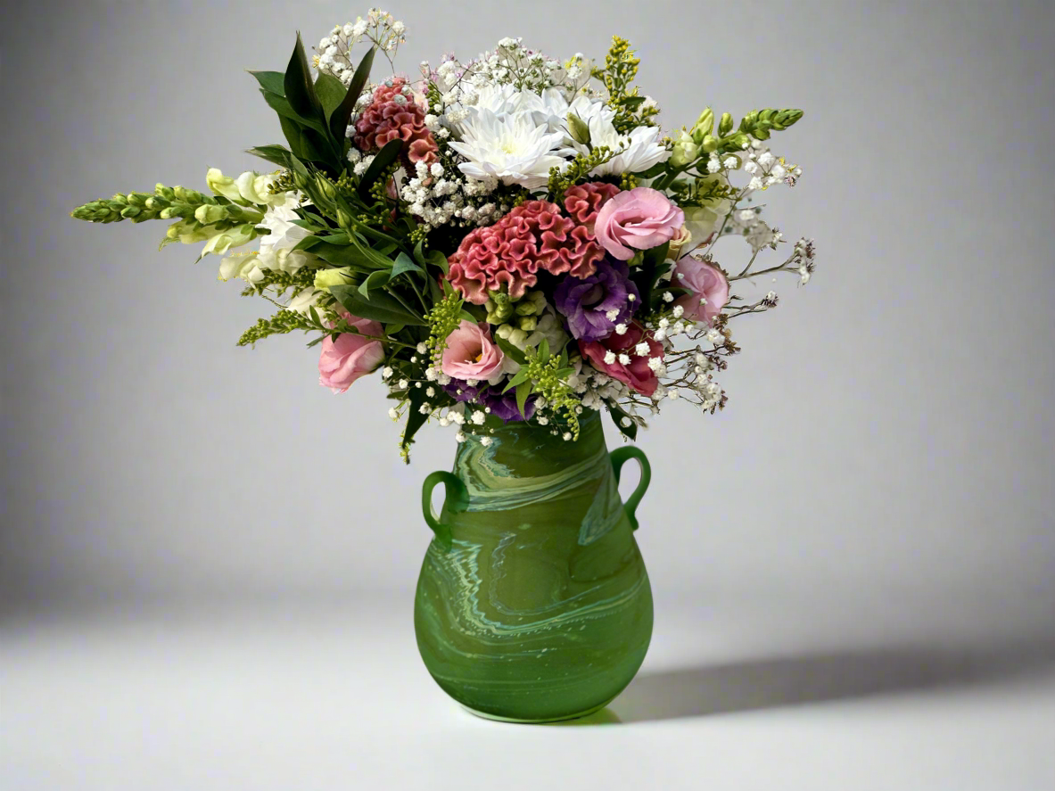 Handblown Phoenician Green Vase with Handles