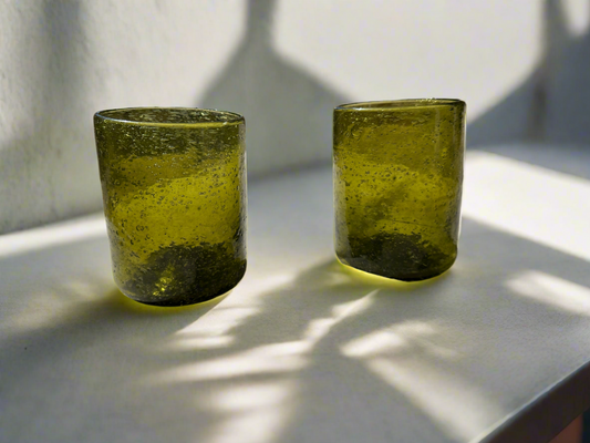 Handblown Hebron Wide Glass Cups - Olive Green (set of 2)