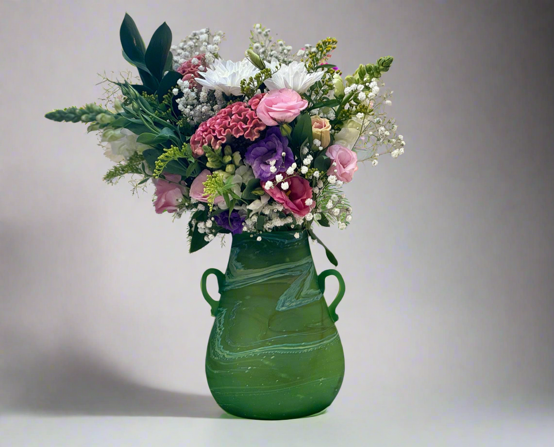 Handblown Phoenician Green Vase with Handles