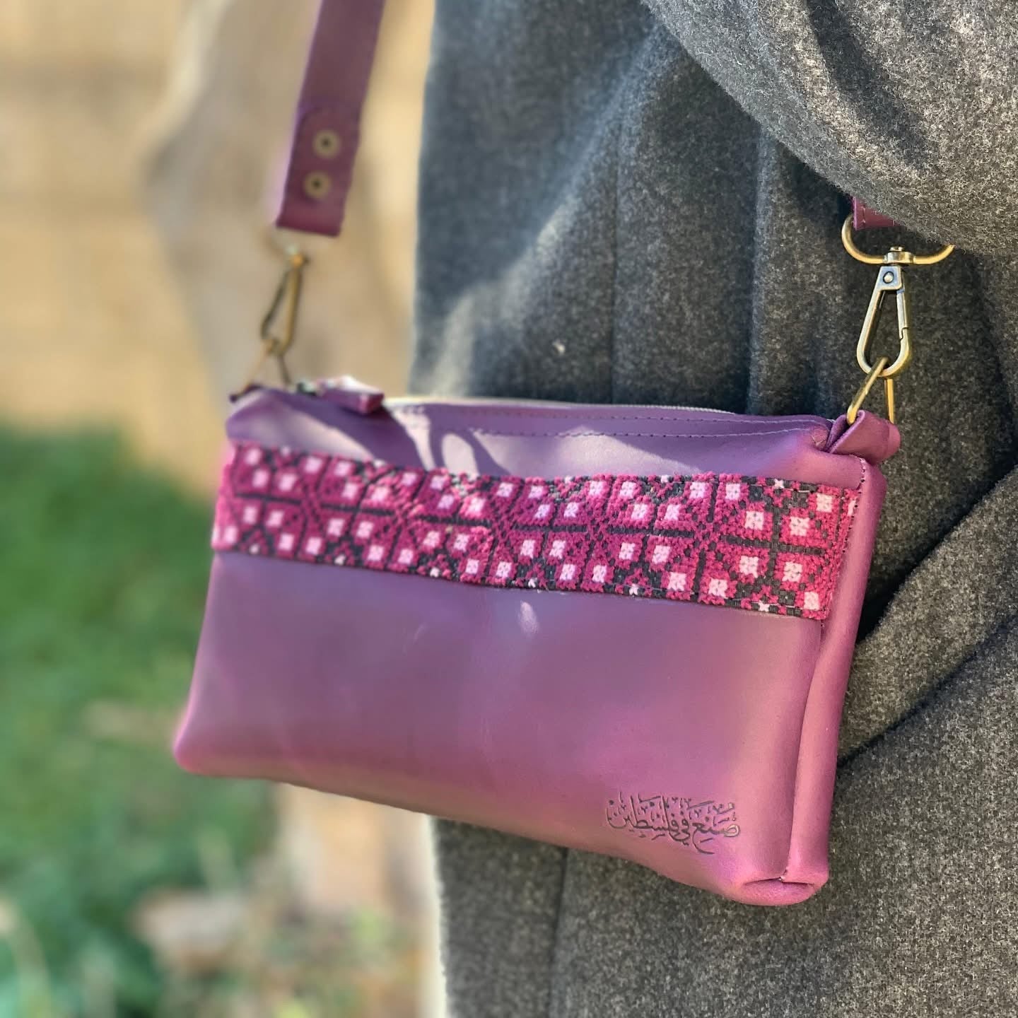 Purple embroidered crossbody leather bag