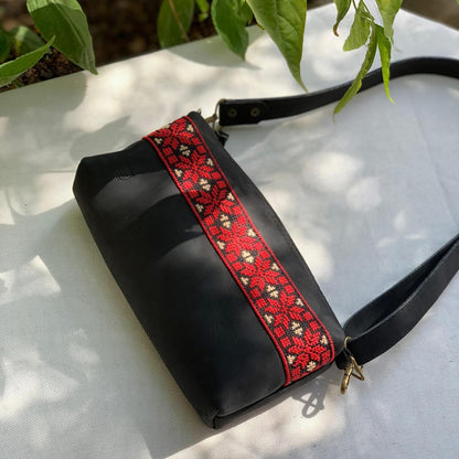 Black embroidered crossbody leather bag