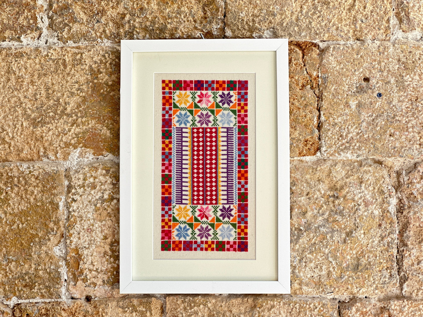 White Framed one-of-a-kind embroidery from Hebron