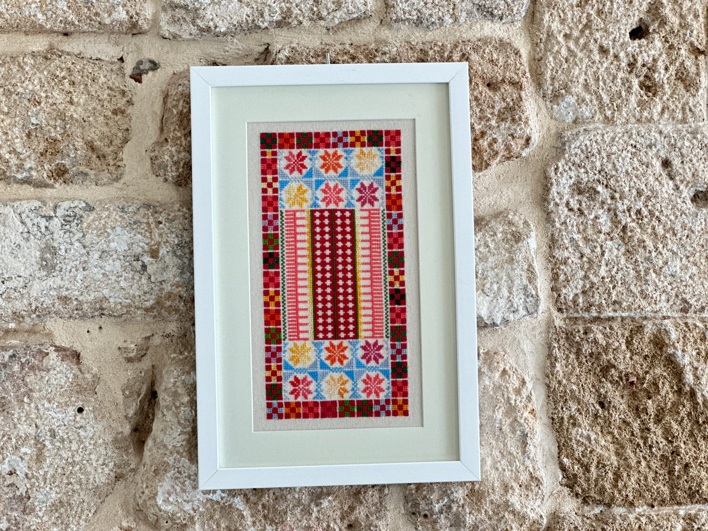 White Framed one-of-a-kind embroidery from Hebron