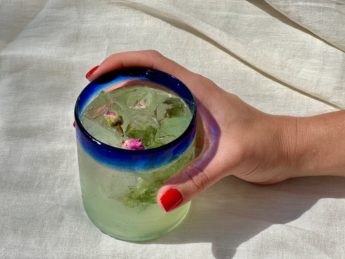 Handblown Hebron Glass Cups - Blue Rim (set of 2)