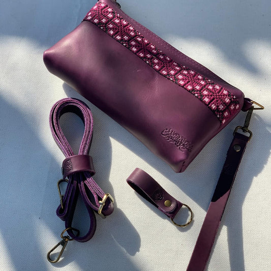 Purple embroidered crossbody leather bag