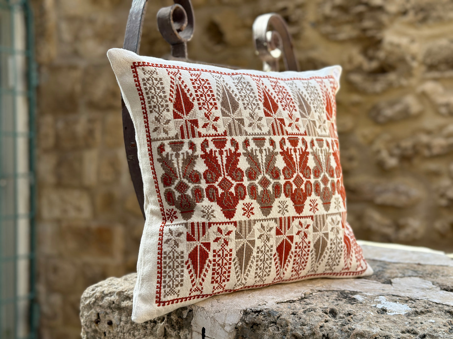 Palestinian Embroidered Terra Cotta Cushion Covers