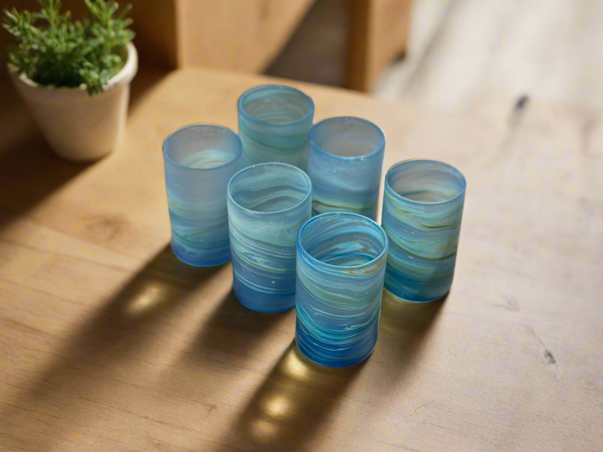 Handblown Hebron Phoenician Glass Cups - Blue (Set of 2)