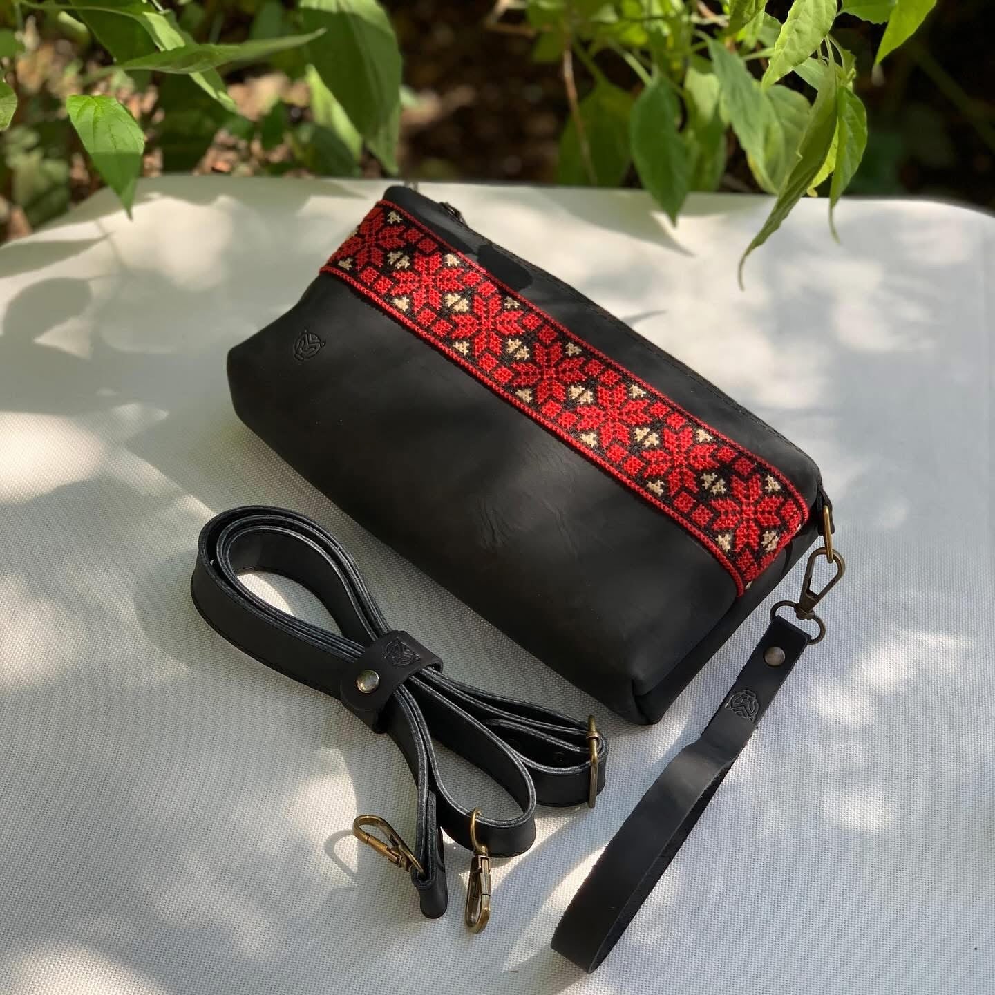 Black embroidered crossbody leather bag