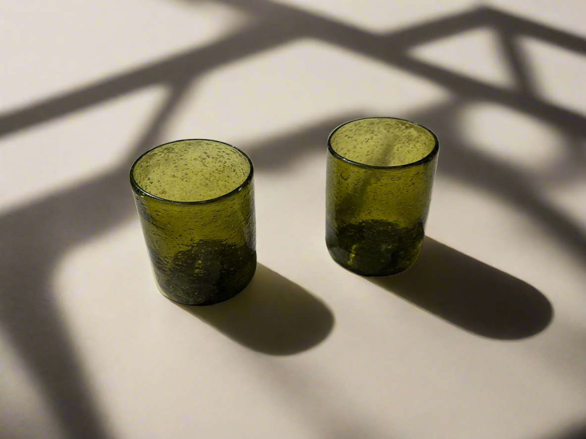 Handblown Hebron Wide Glass Cups - Olive Green (set of 2)