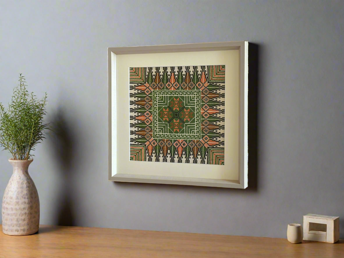 Framed Hand Embroidered Tatreez - Green