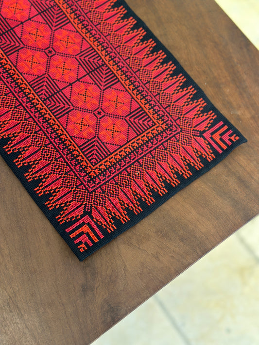 Hand Embroidered Table Runner - Black/Red