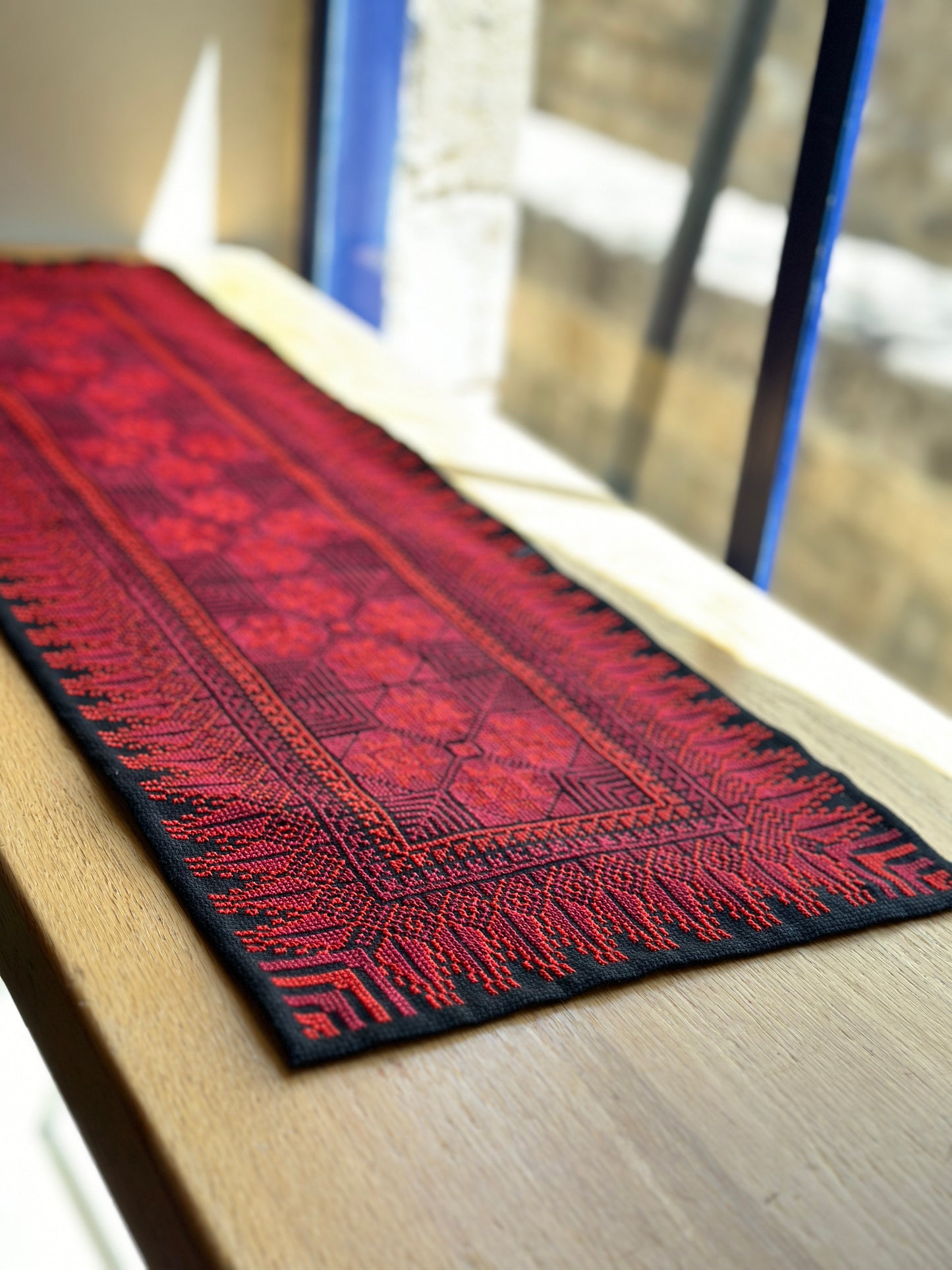 Hand Embroidered Table Runner - Black/Red