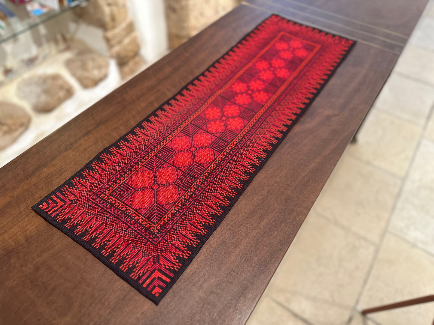 Hand Embroidered Table Runner - Black/Red