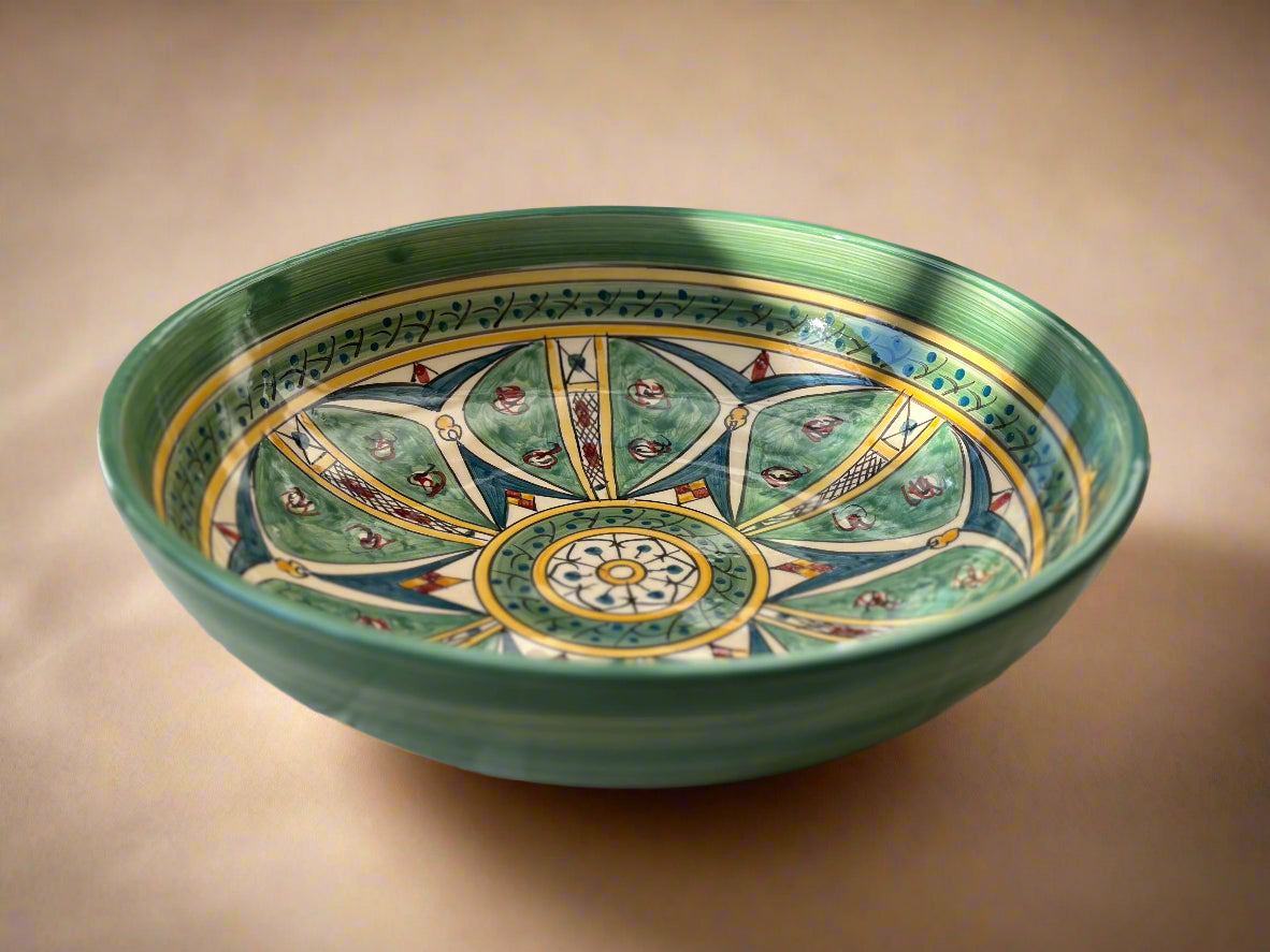 Hand Painted Green Mediterranean Artisanal Large Bowl