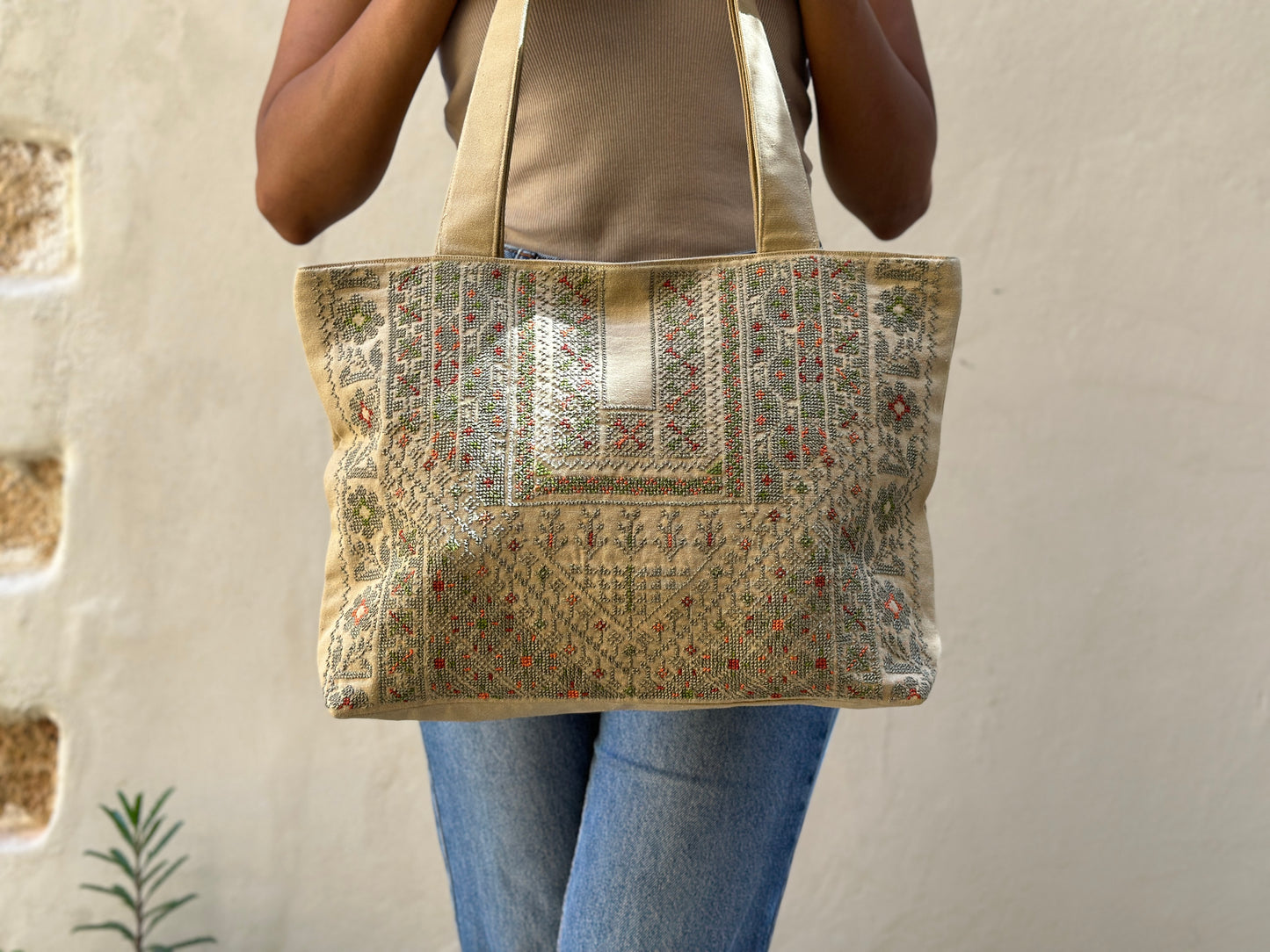 Hand Embroidered Handbag - Olive Green