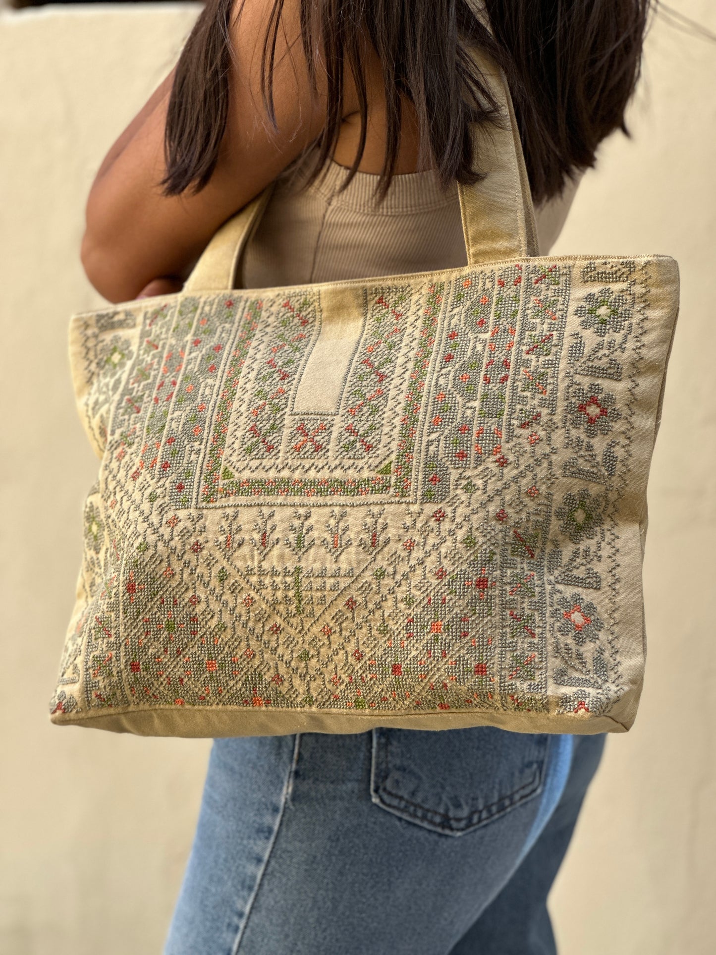 Hand Embroidered Handbag - Olive Green