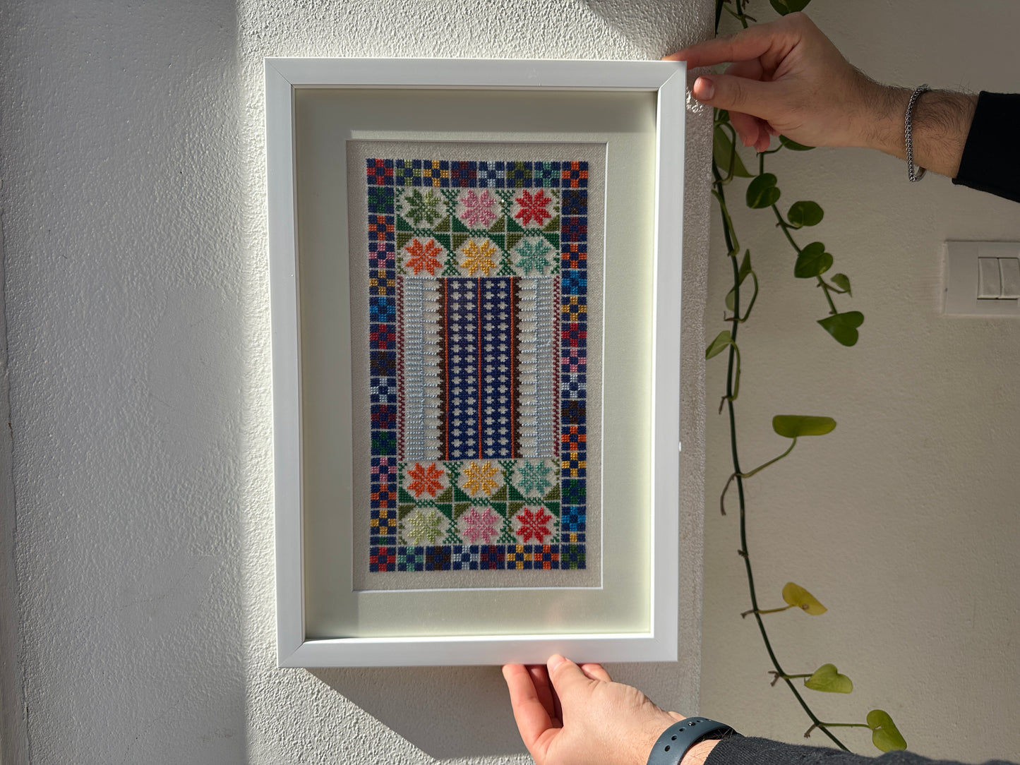 White Framed one-of-a-kind embroidery from Hebron