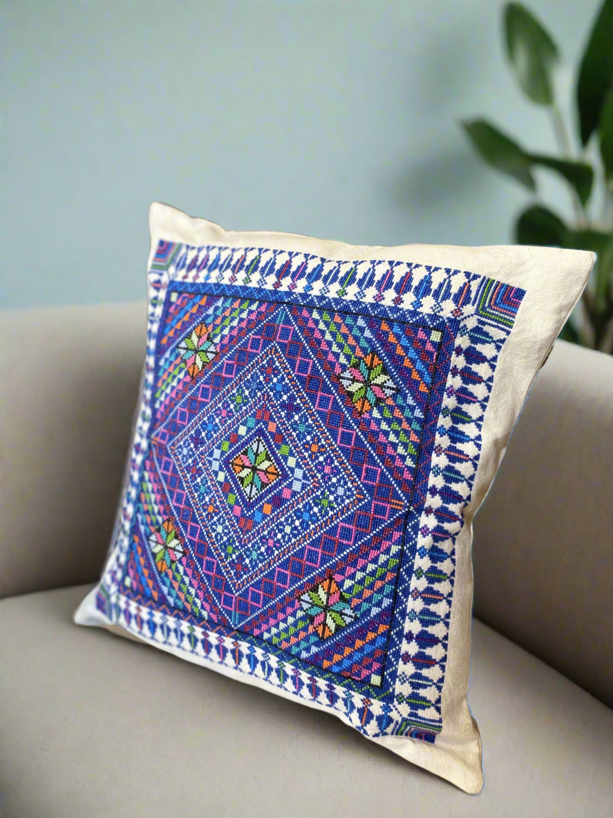 Hand Embroidered Mosaic Cushion Cover - Blue